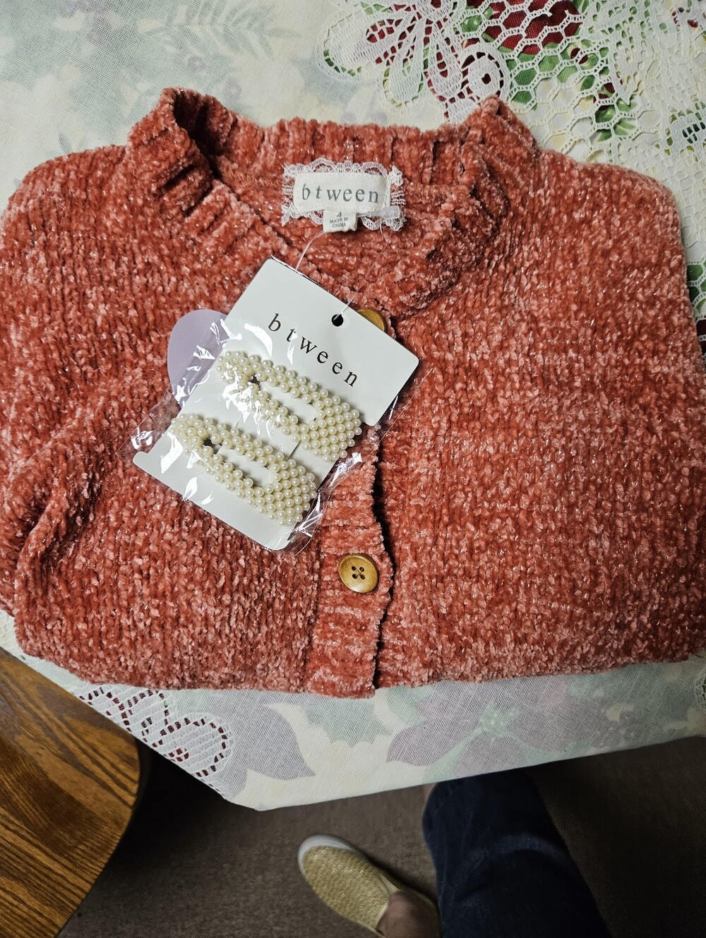 btween Coral Rust Chenille Button Cardigan with Pearl Clips